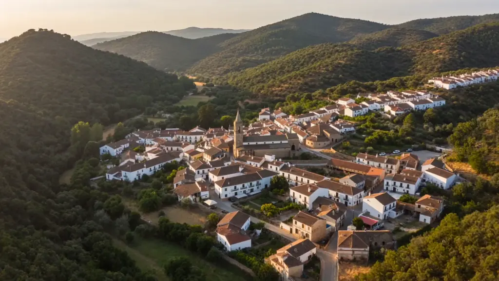Vista aérea de Linares de la Sierra, pueblo blanco entre montes de la Sierra de Aracena